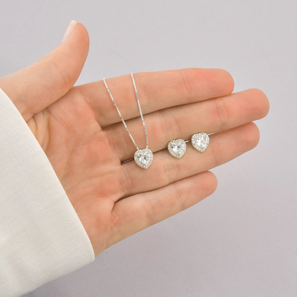 Conjunto Prata 925 Coração Cristal Cravejado