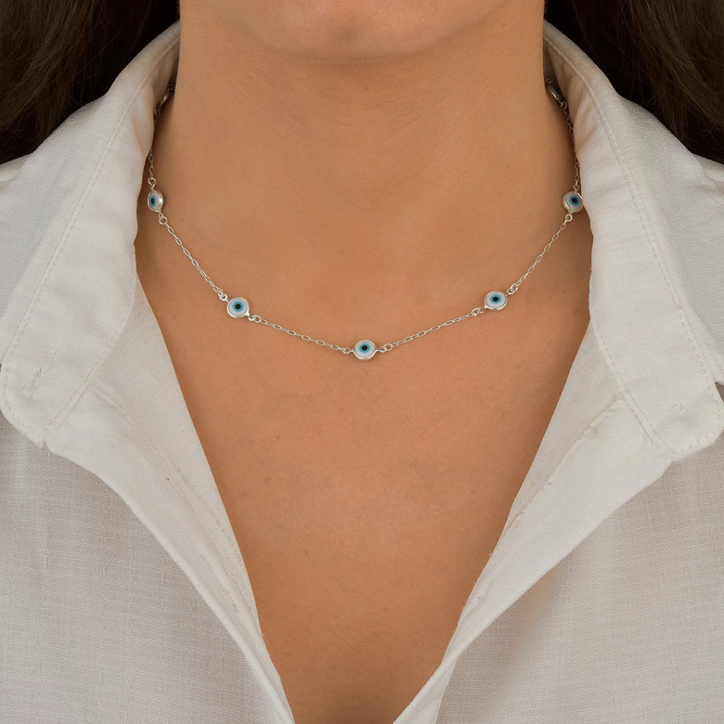 Choker 9 Olhos Gregos Branco Mista - Prata 925