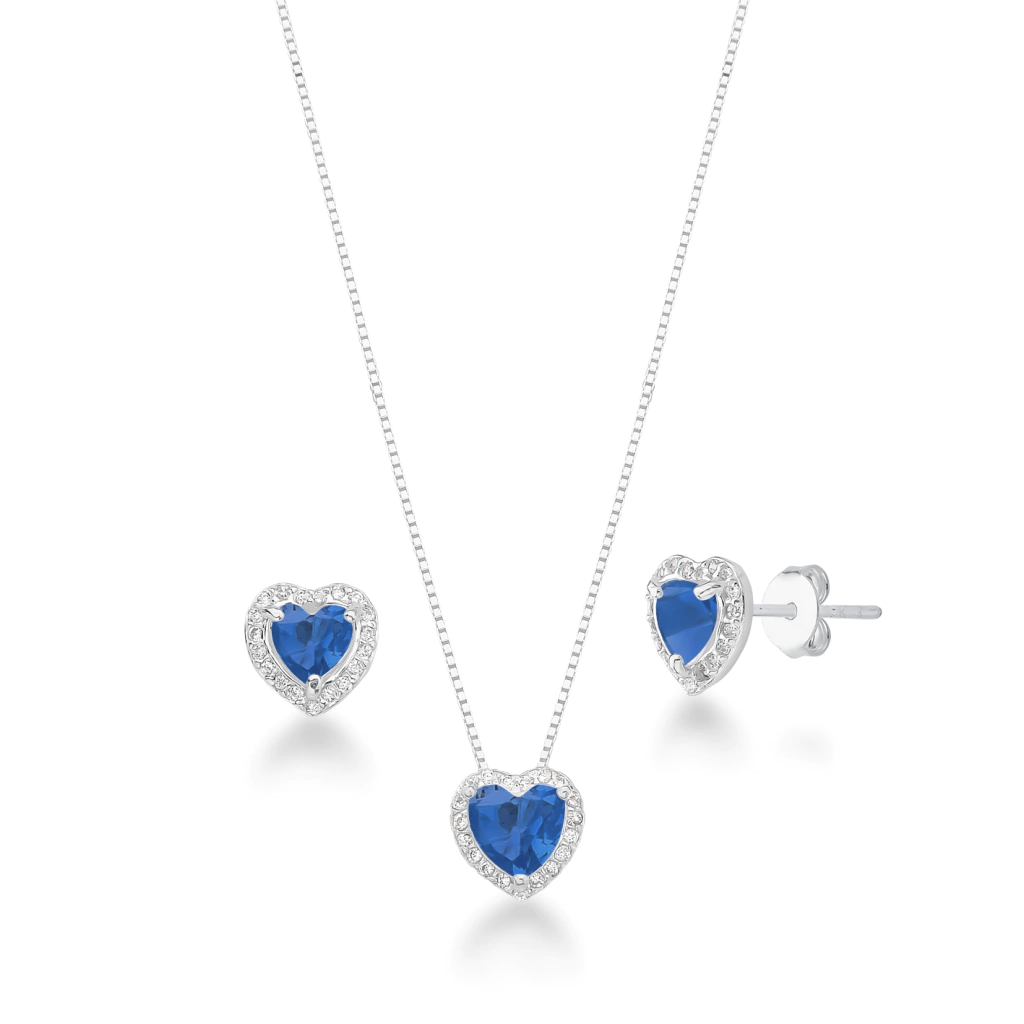 Conjunto de Prata 925 Coração Azul Cravejado
