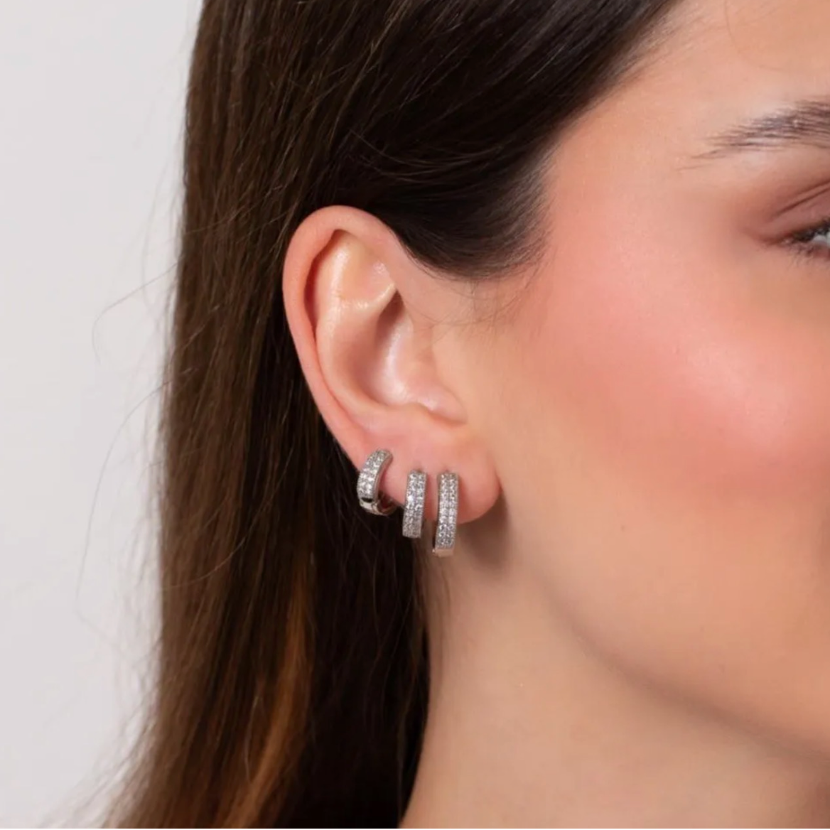 Trio de Argolas Duas Fileiras Cravejadas em Ródio Branco