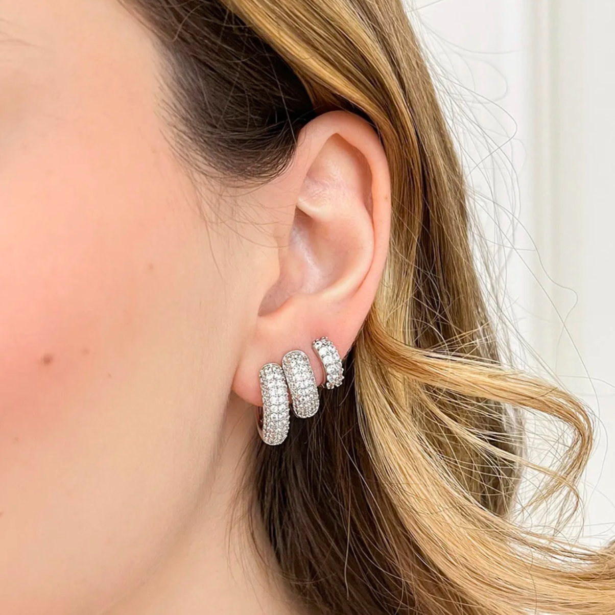 Trio de Argolas Cinco Fileiras Cravejadas em Ródio Branco