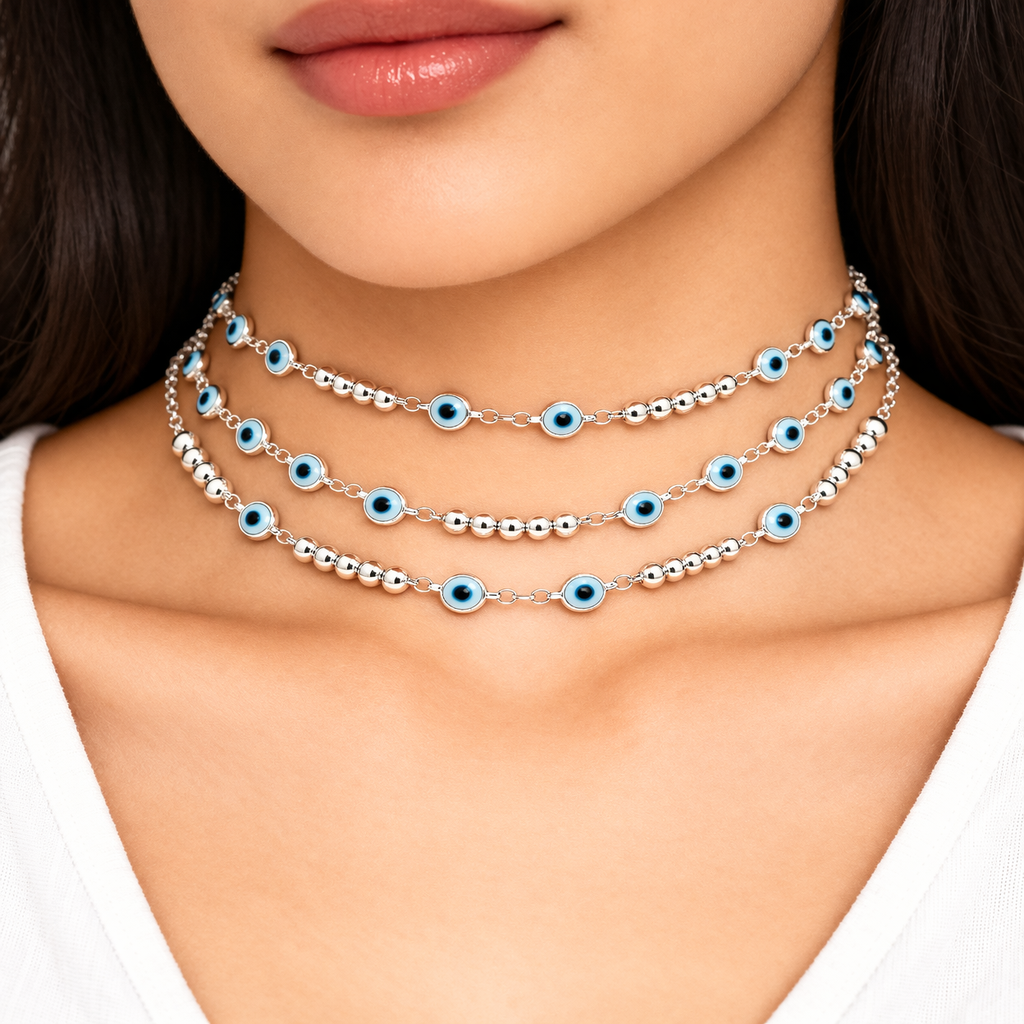 Choker em Prata 925 com Bolinhas e Olho Grego