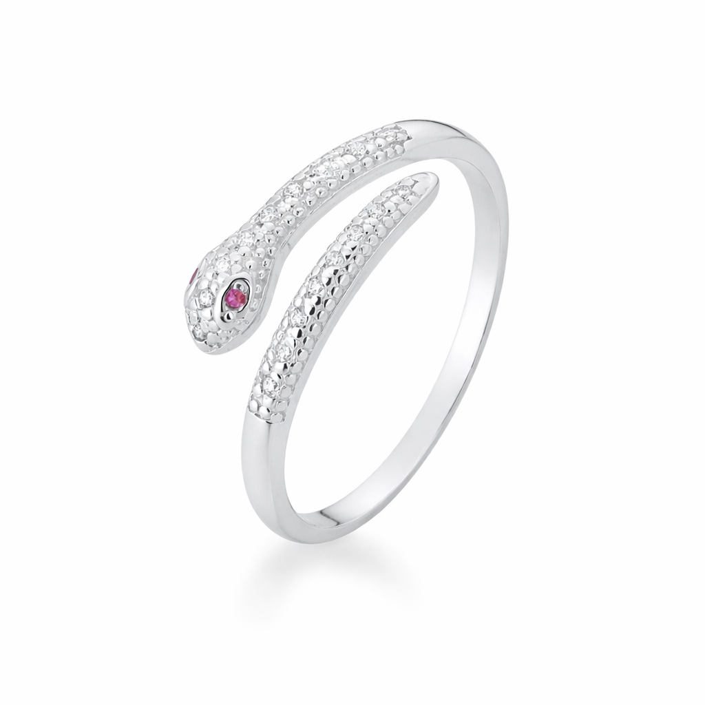 Anel Cobra em Prata 925 com Zircônias e Olho Fúcsia