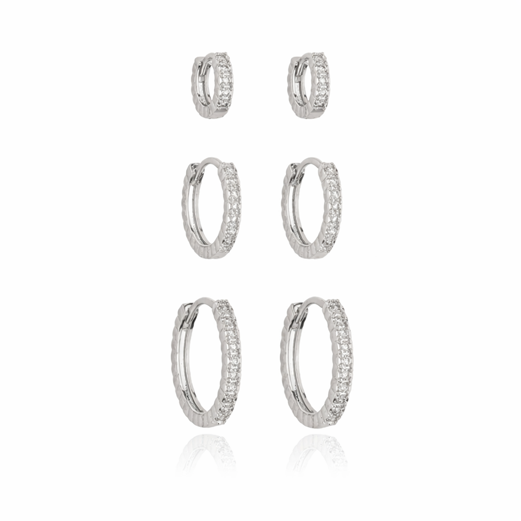 Trio de Argolas Finas Cravejadas em Ródio Branco