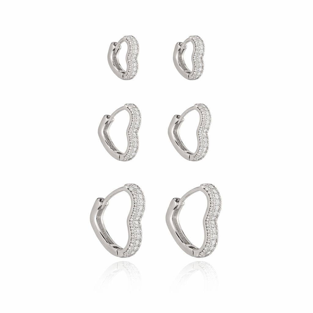 Trio de Brincos Coração Cravejado em Ródio Branco