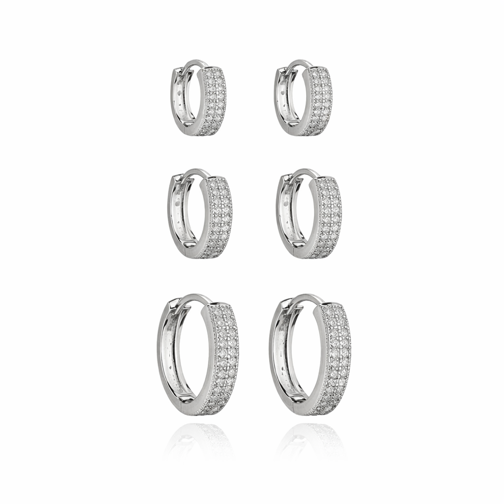 Trio de Argolas Duas Fileiras Cravejadas em Ródio Branco