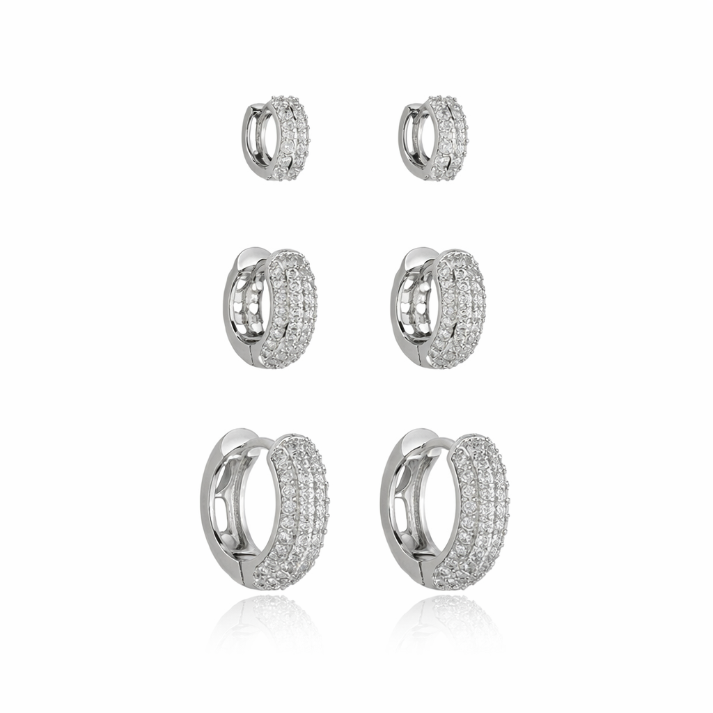 Trio de Argolas Cinco Fileiras Cravejadas em Ródio Branco