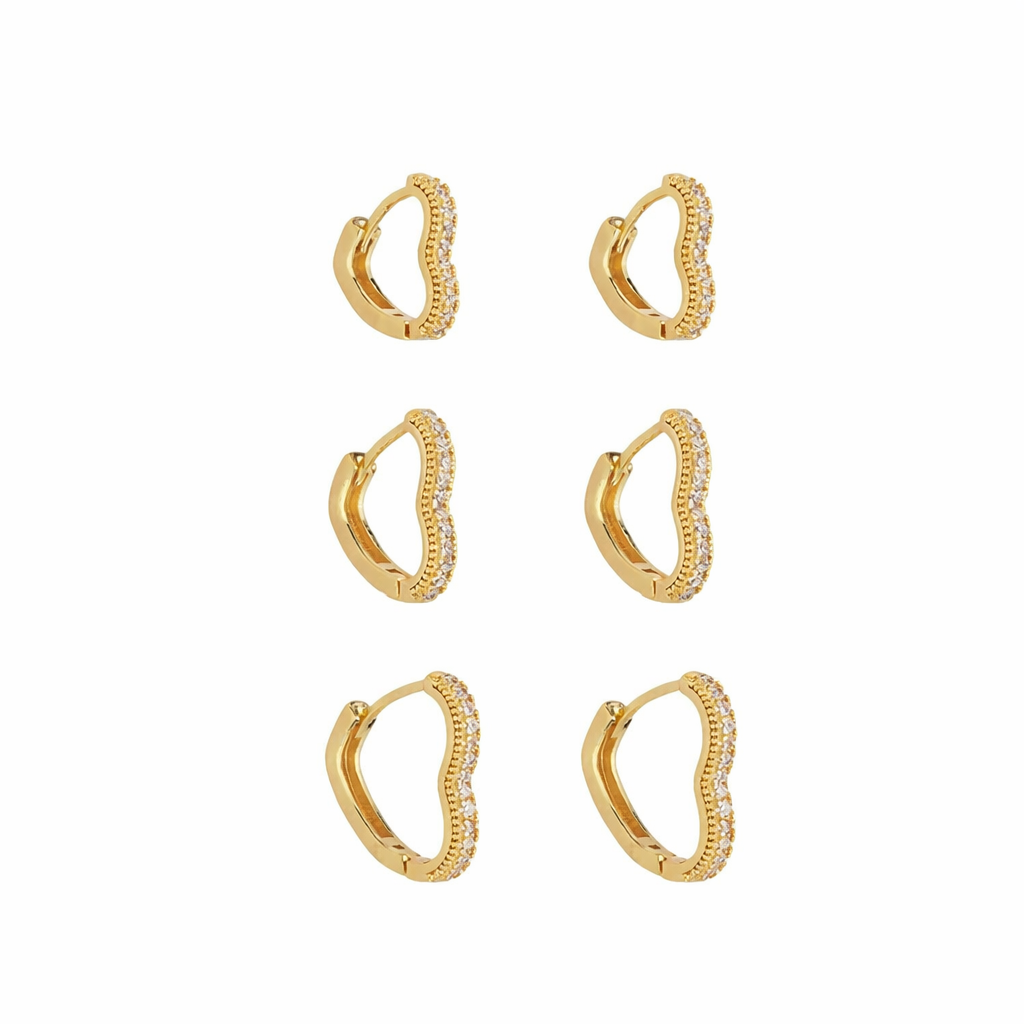 Trio de Brincos Coração Cravejado em Banho Ouro 18k