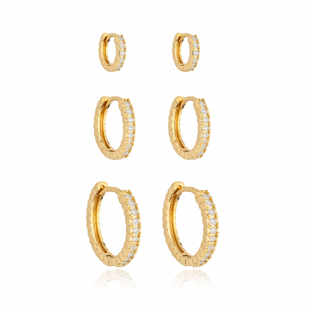 Trio de Argolas Finas Cravejadas em Banho Ouro 18k