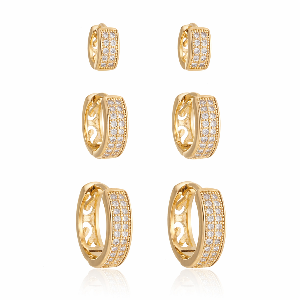 Trio de Argolas Duas Fileiras Cravejadas em Banho Ouro 18k