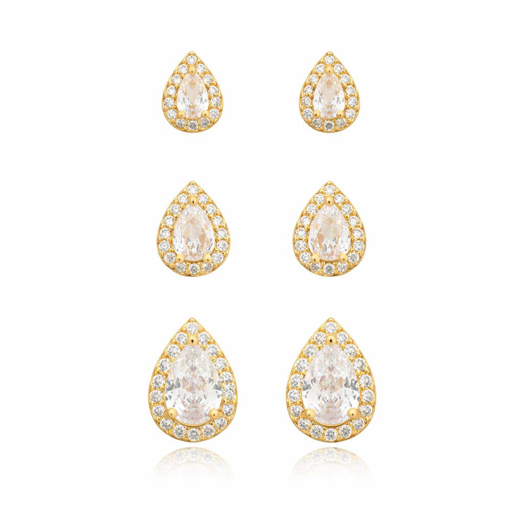Trio de Brincos Gota com Zircônia em Banho Ouro 18k