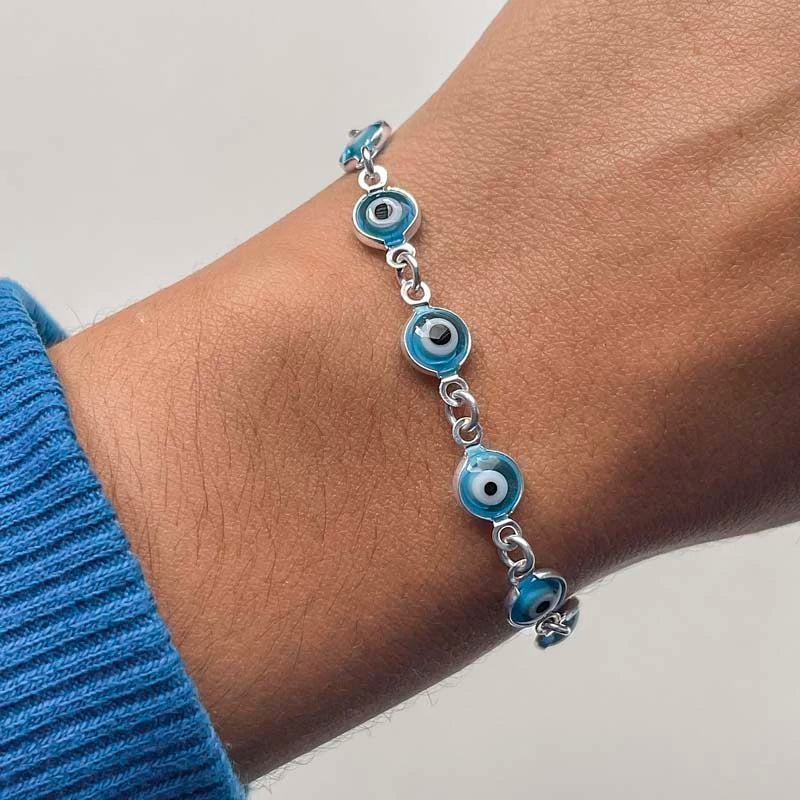 Pulseira Olho Grego Azul Celeste Mista - Prata 925