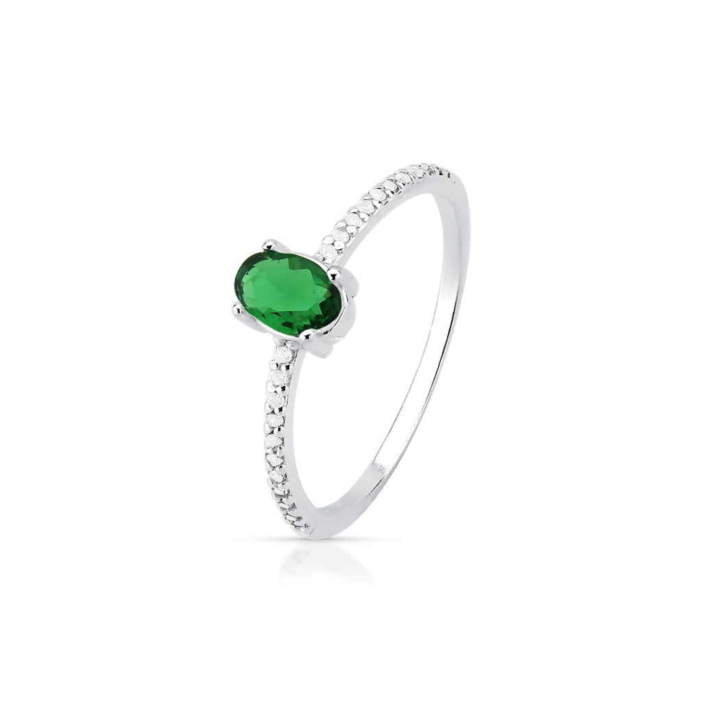 Anel Oval Verde Cravejado- PRATA 925