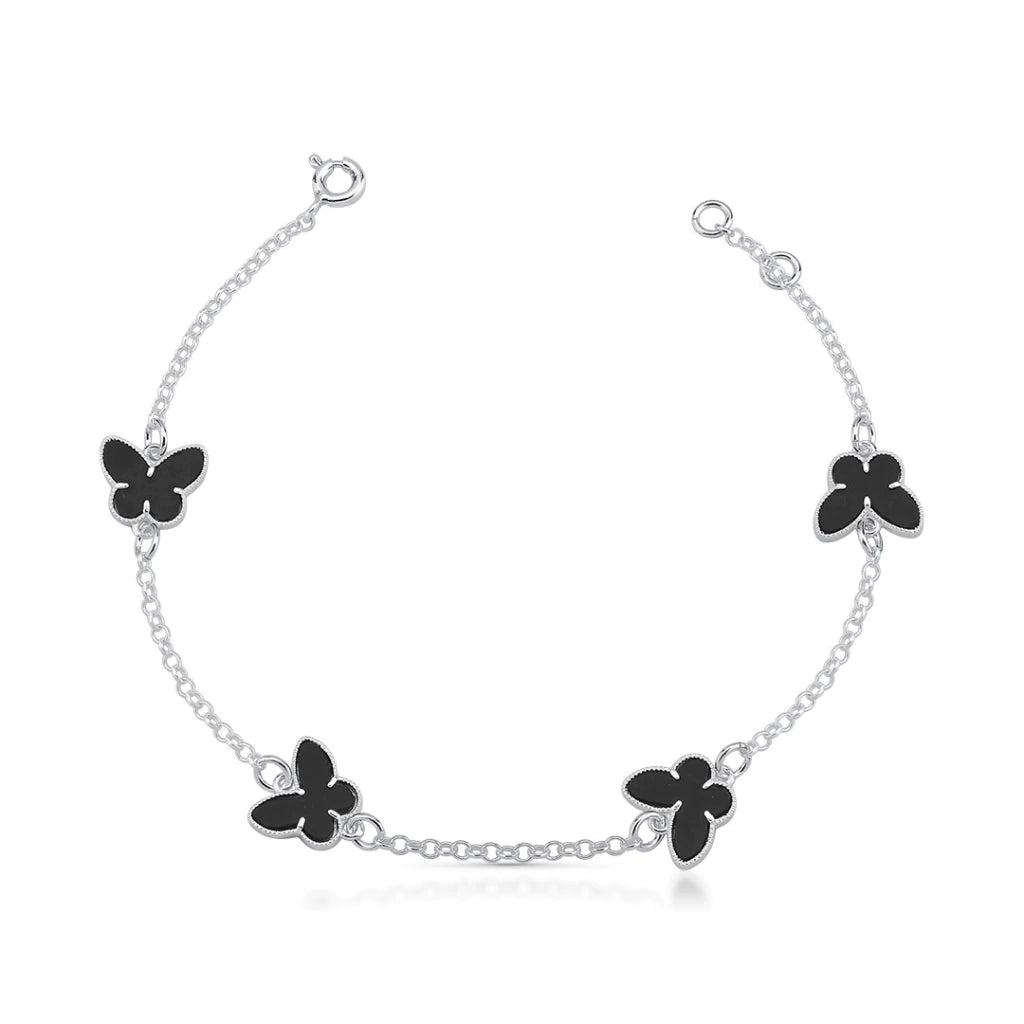 Pulseira Borboleta Resina Preto com Borda Mista - Prata 925