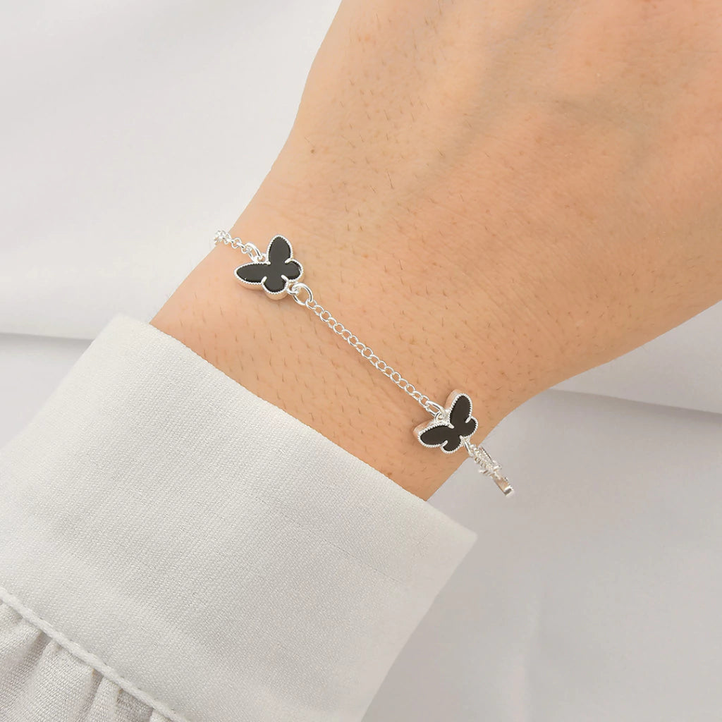 Pulseira Borboleta Resina Preto com Borda Mista - Prata 925