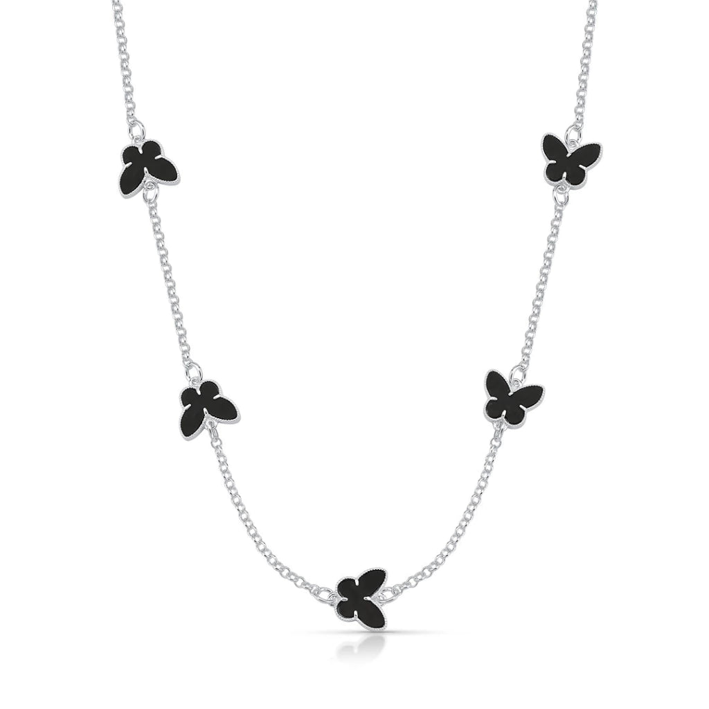 Choker de Prata Borboleta Resina Preto com Borda - Prata 925