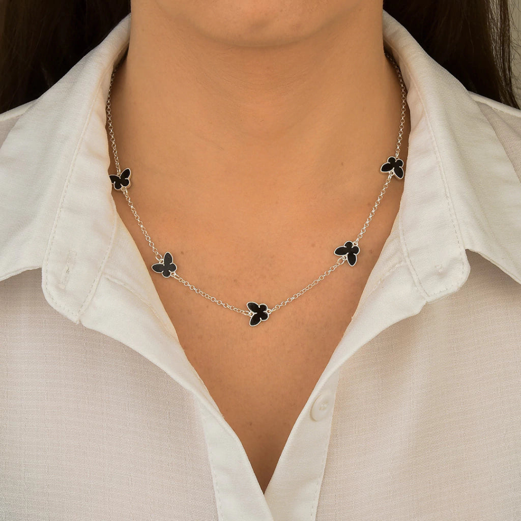 Choker de Prata Borboleta Resina Preto com Borda - Prata 925