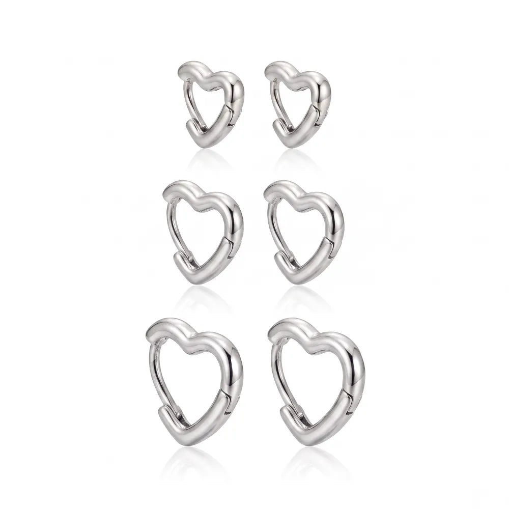 Brinco Trio Argola Coração Lisa | Ródio Branco