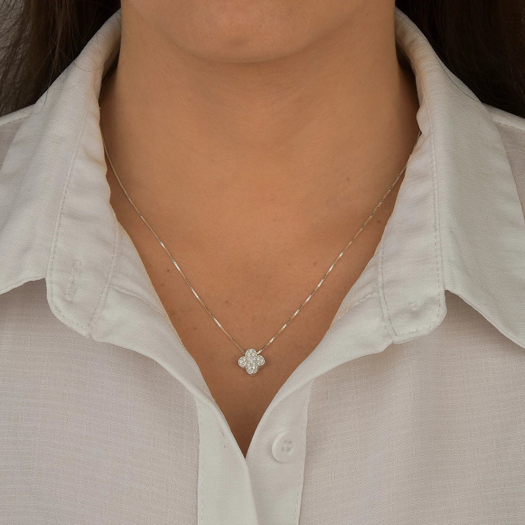 Colar Trevo Cravejado Cristal PRATA 925