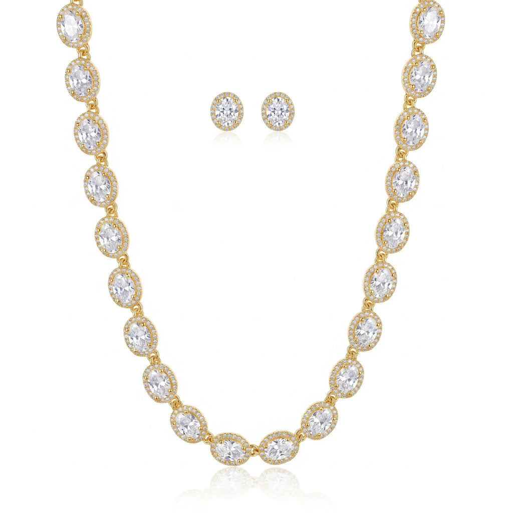 Conjunto Riviera Zircônia Oval Cristal Banho 18K