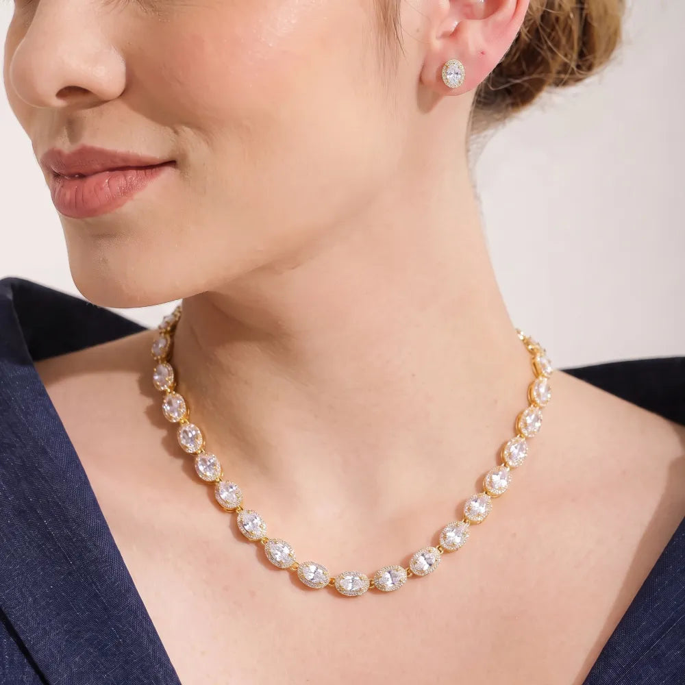 Conjunto Riviera Zircônia Oval Cristal Banho 18K